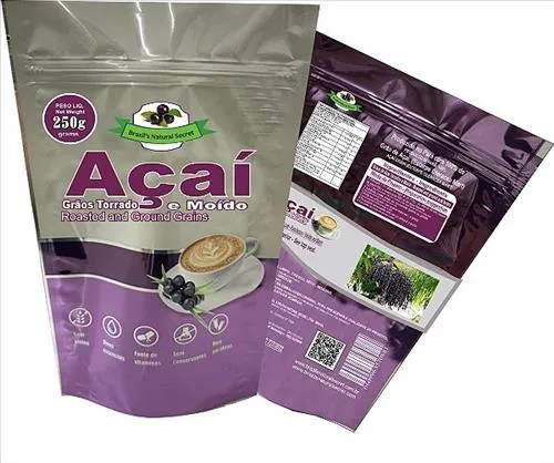 The 250 g Dripssai pouch shown front and back: roasted and ground açaí seed.